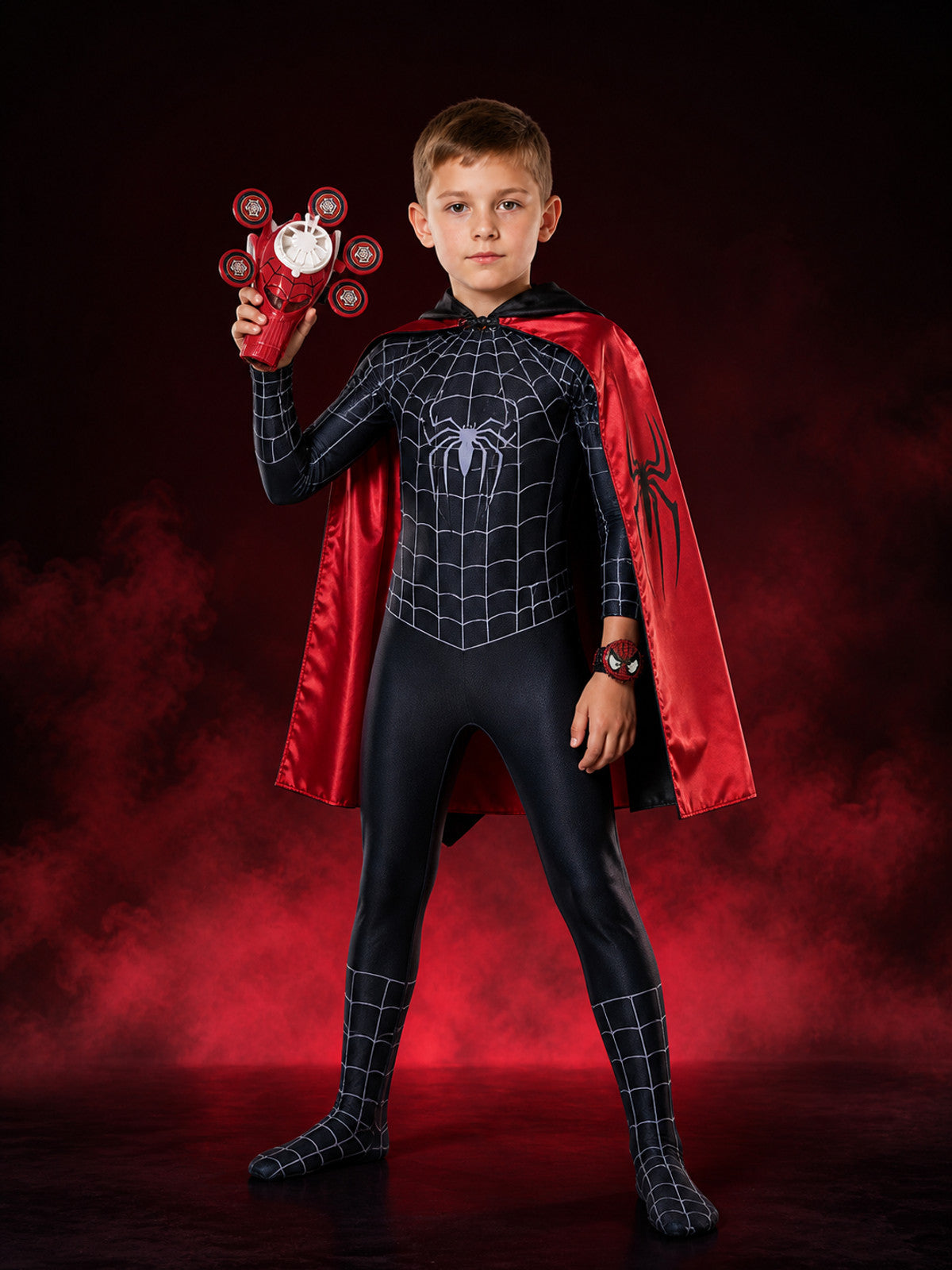 Kids' Black Spider-Themed Full-Body Bodysuit Costume With Cape And Web Shooter main product view