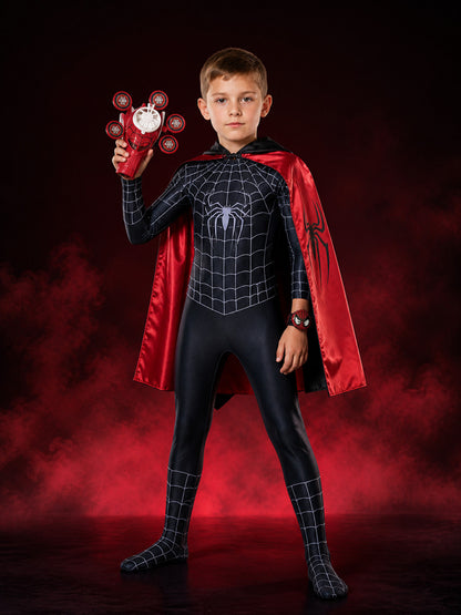 Kids' Black Spider-Themed Full-Body Bodysuit Costume With Cape And Web Shooter main product view