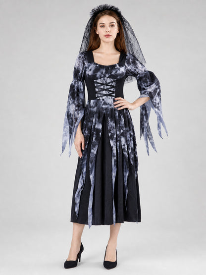 Gothic Dress with Lacing, Veil, and Tiered Skirt Costume Dresses detail