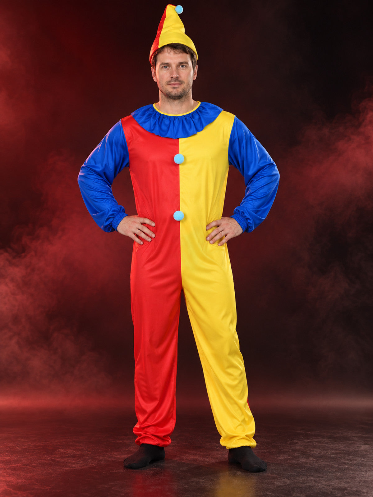 Clown Costume: Red and Yellow Jumpsuit, Cone Hat
