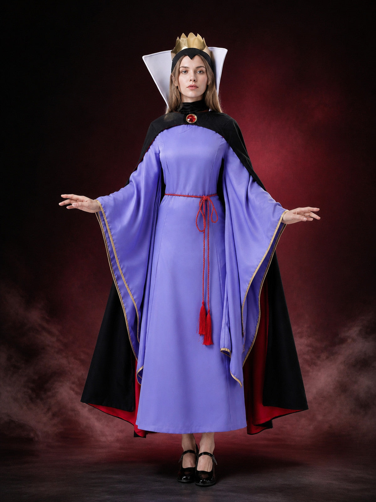 Snow Queen Halloween Costume Set - Purple Long Dress with Black Cape, Gold main product view