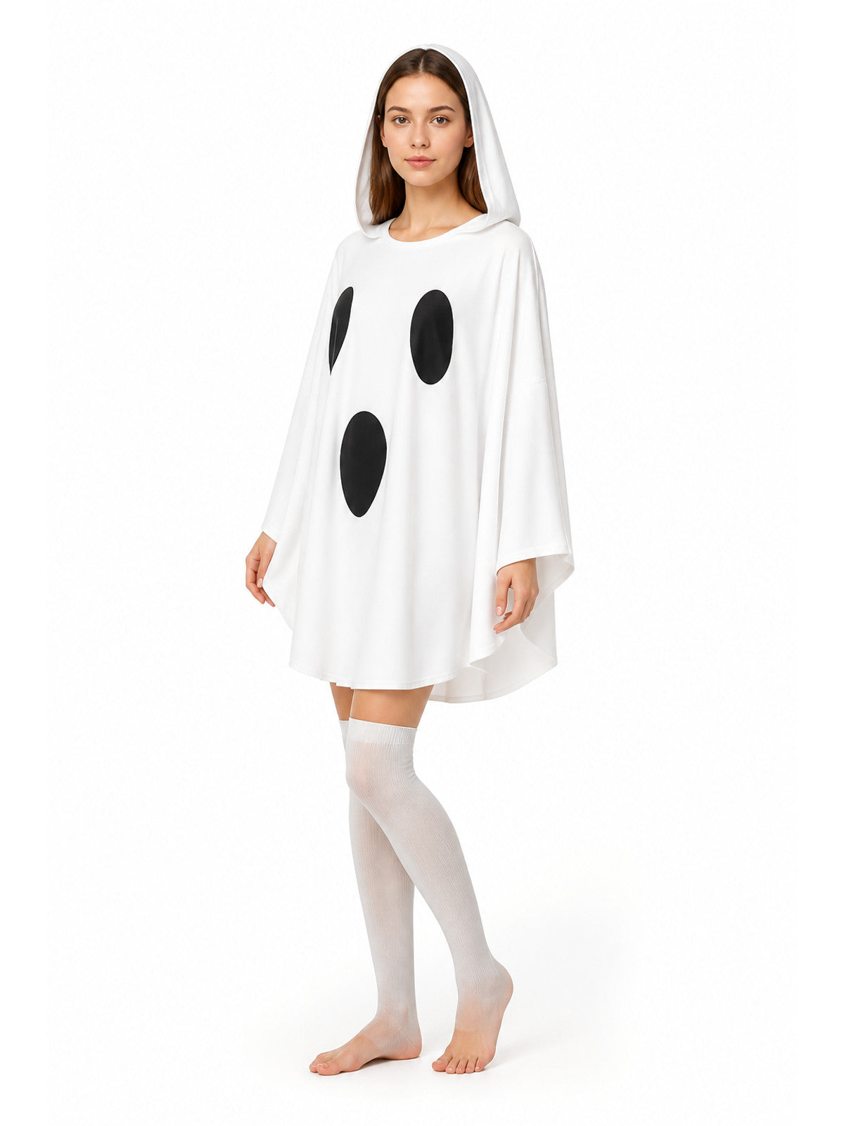 White ghost costume cape shown at an angle on a model, with a hood, flowing sleeves, and black oval patches