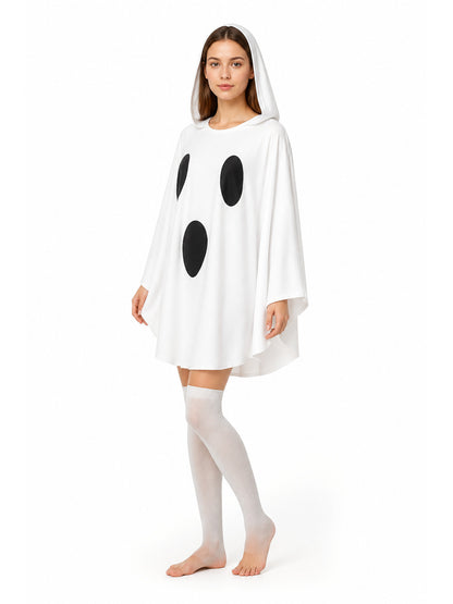White ghost costume cape shown at an angle on a model, with a hood, flowing sleeves, and black oval patches