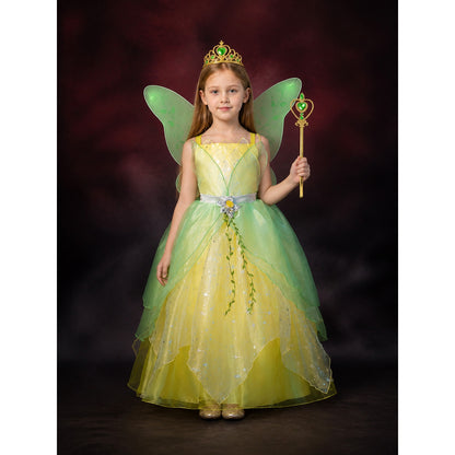 Girl's Fairy Costume Dress with Wings, Crown, and Magic Wand - Green Leaf Star main product view