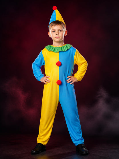 Boys' Colorful Clown Costume Set with Jumpsuit and Cone Hat, Carnival Dress-Up
