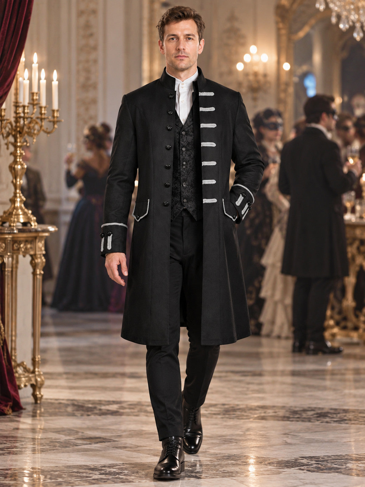 Gothic Black Long Frock Coat with Stand Collar