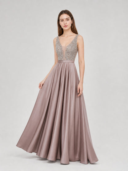 Sleeveless Evening Dress with Embellishment and V-Neck