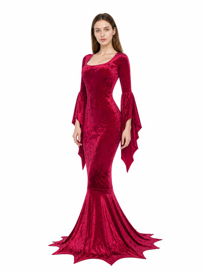 Long Burgundy Dress with Batwing Sleeves Costume Dresses detail