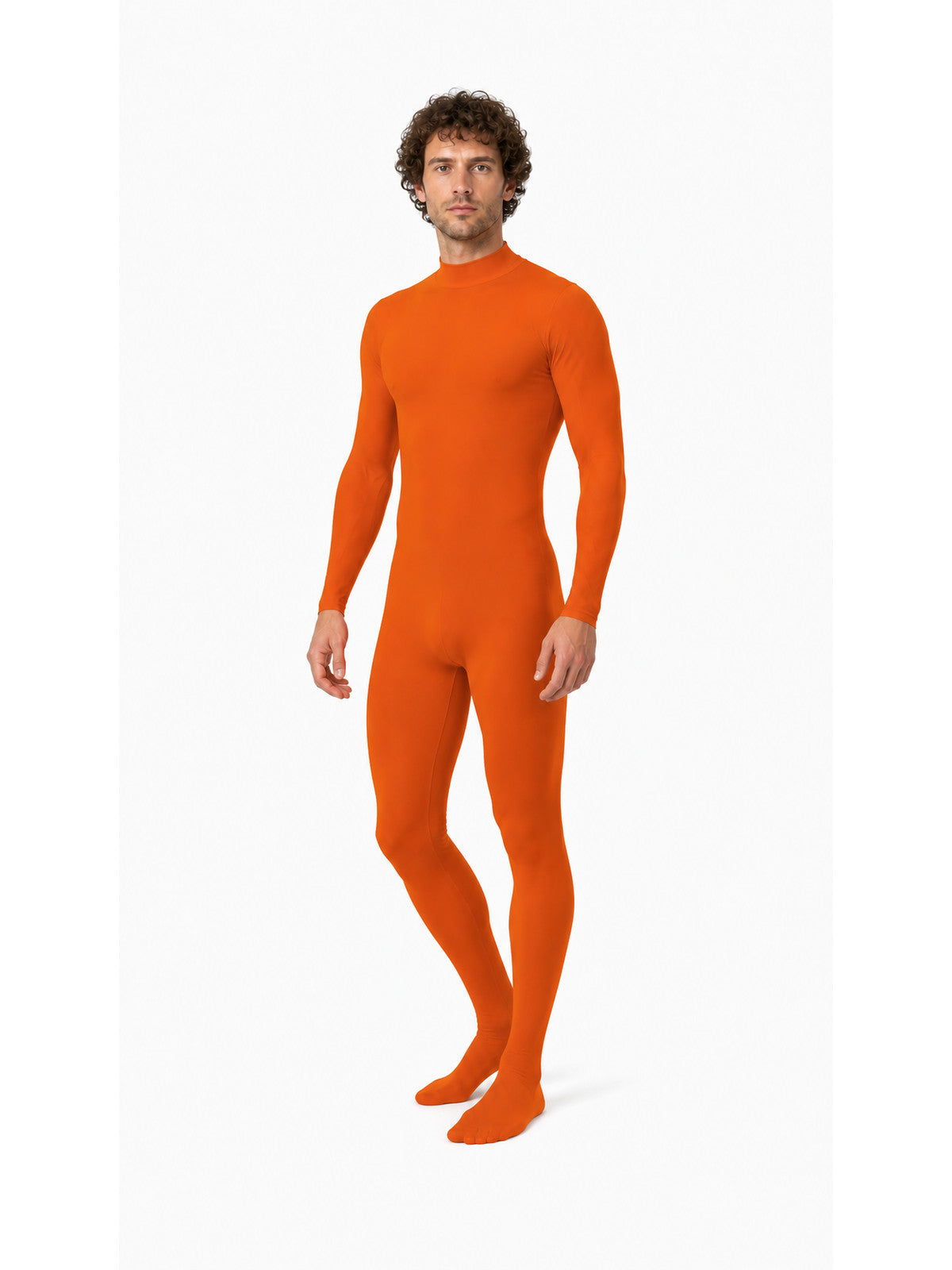 Orange form-fitting jumpsuit with a high collar product detail