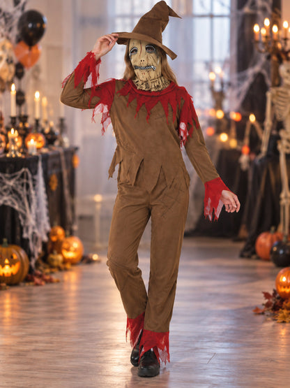 Scarecrow Costume with Mask, Hat, and Red Inserts