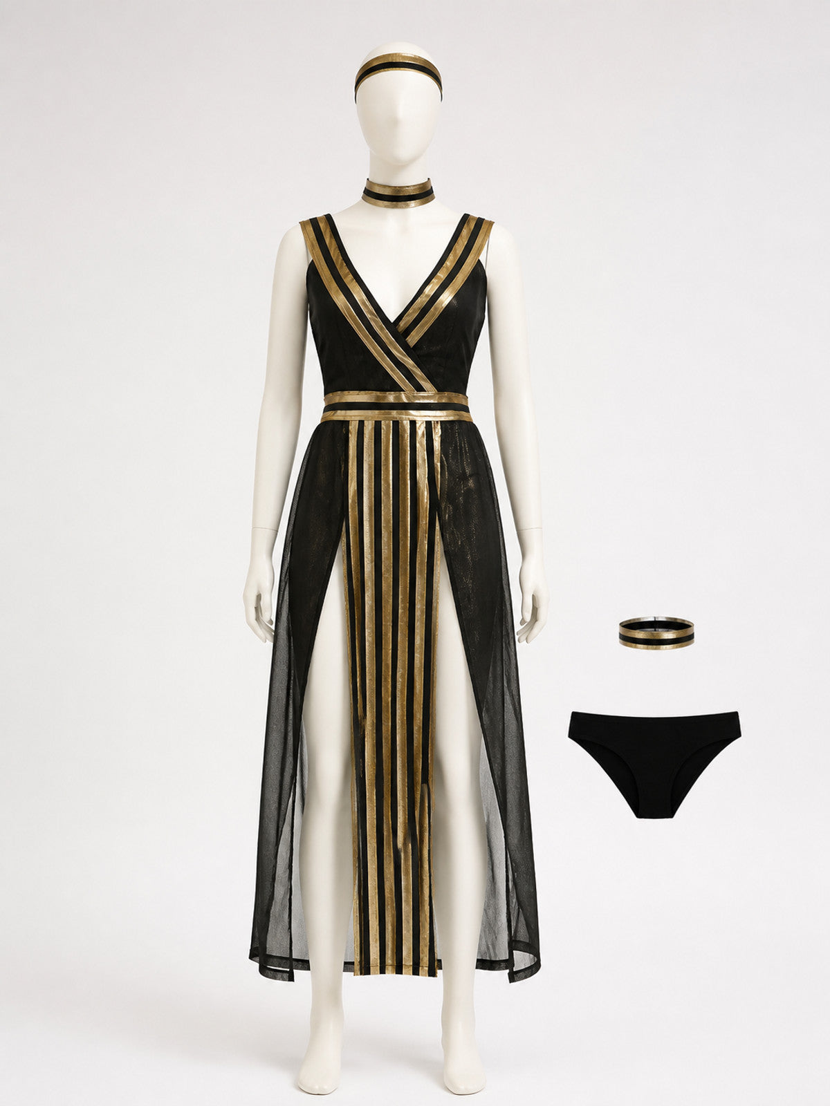 Egyptian Queen Black and Gold Halloween Dress Costume Set with Headpiece, Collar