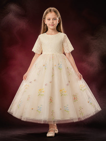 Girls' Princess Dress, Lace Bodice, Layered Tulle Skirt With Floral Butterfly main product view