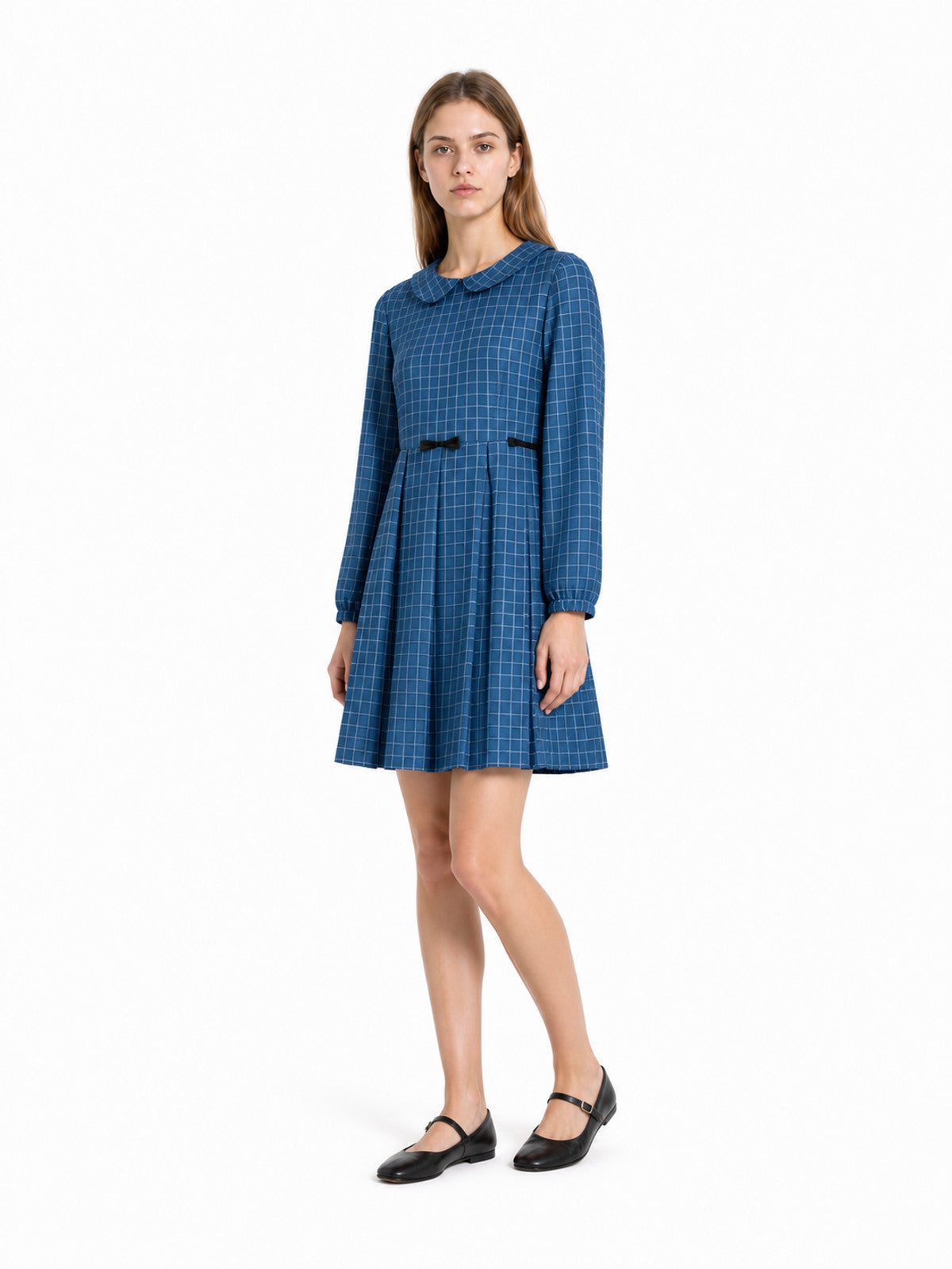 Blue Plaid Dress with Bows and Long Sleeves