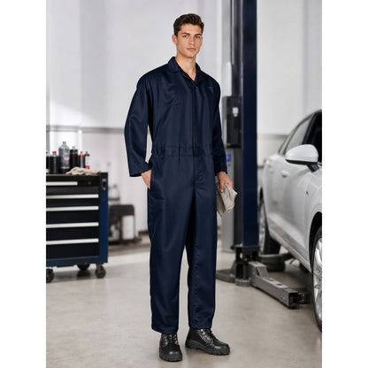 Navy blue work jumpsuit shown full-body on a model in an automotive workshop, with a collared zip front and long sleeves