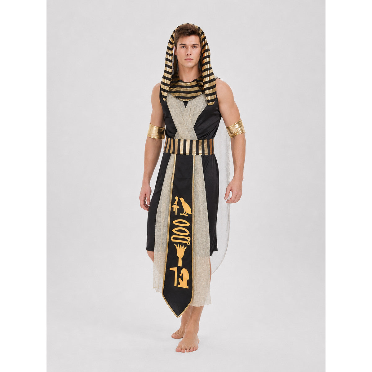 Pharaoh Costume with Nemes Headdress and Golden Hieroglyphs