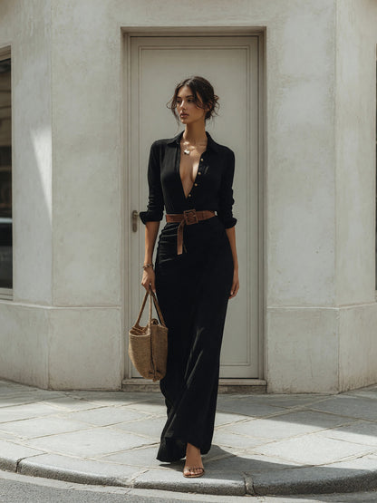 Black Long Dress with Long Sleeves and Belt