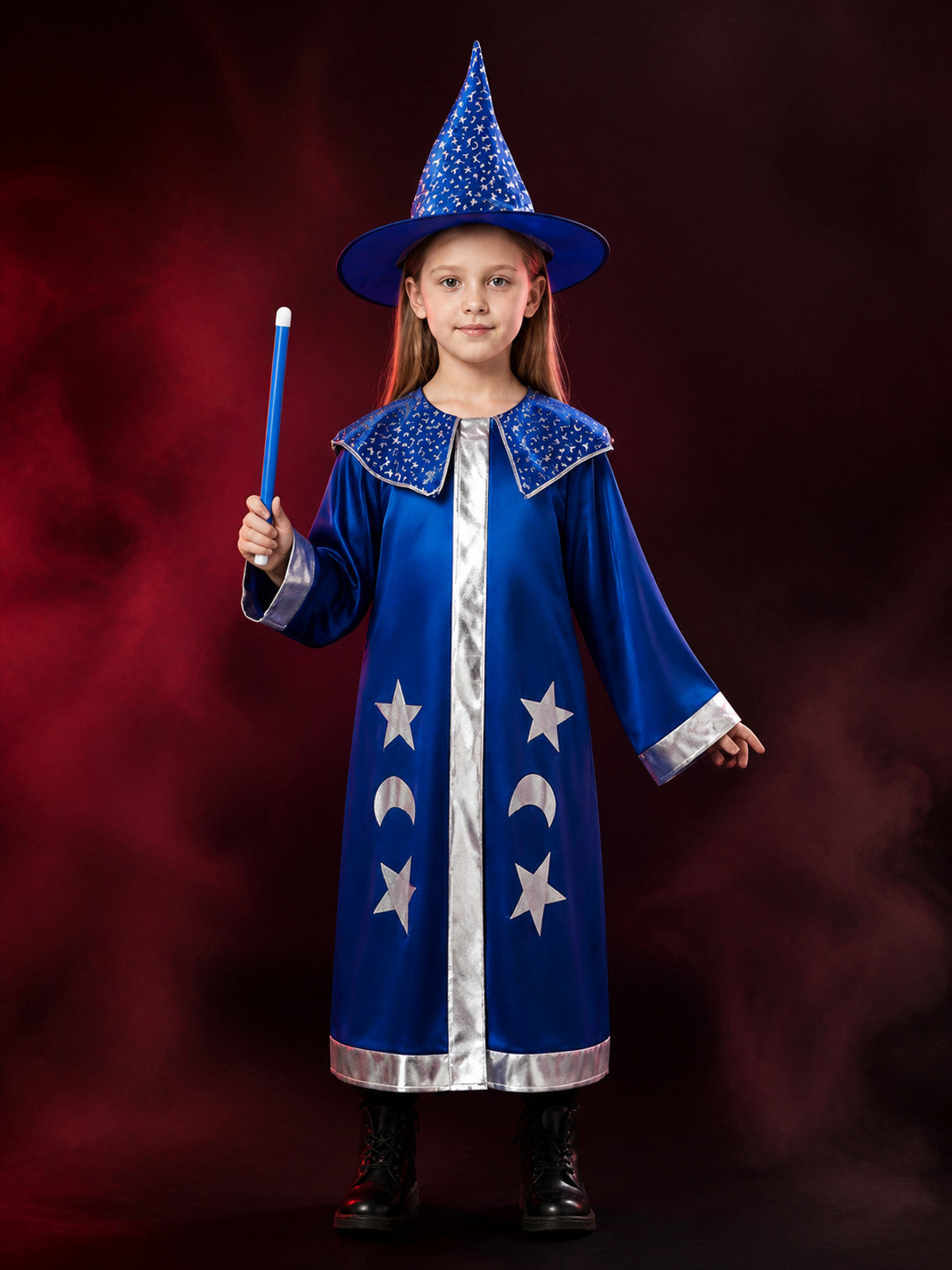 Blue Wizard Costume Set with Star and Moon Cloak and Pointed Hat main product view