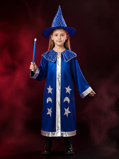 Blue Wizard Costume Set with Star and Moon Cloak and Pointed Hat main product view