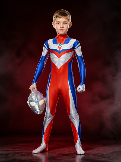 Unisex Superhero Bodysuit Costume with Light-Up Mask, Red Blue White Silver