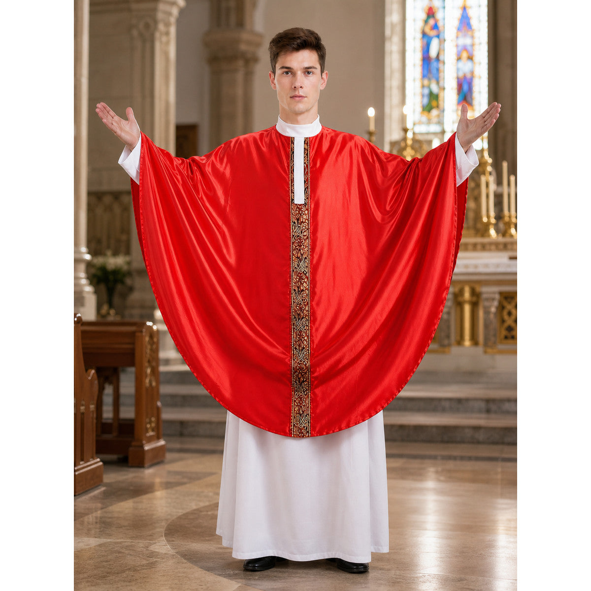 Full-body male model wearing a glossy red robe with gold center trim and white undergarment in a church interior