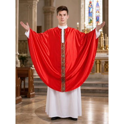 Full-body male model wearing a glossy red robe with gold center trim and white undergarment in a church interior