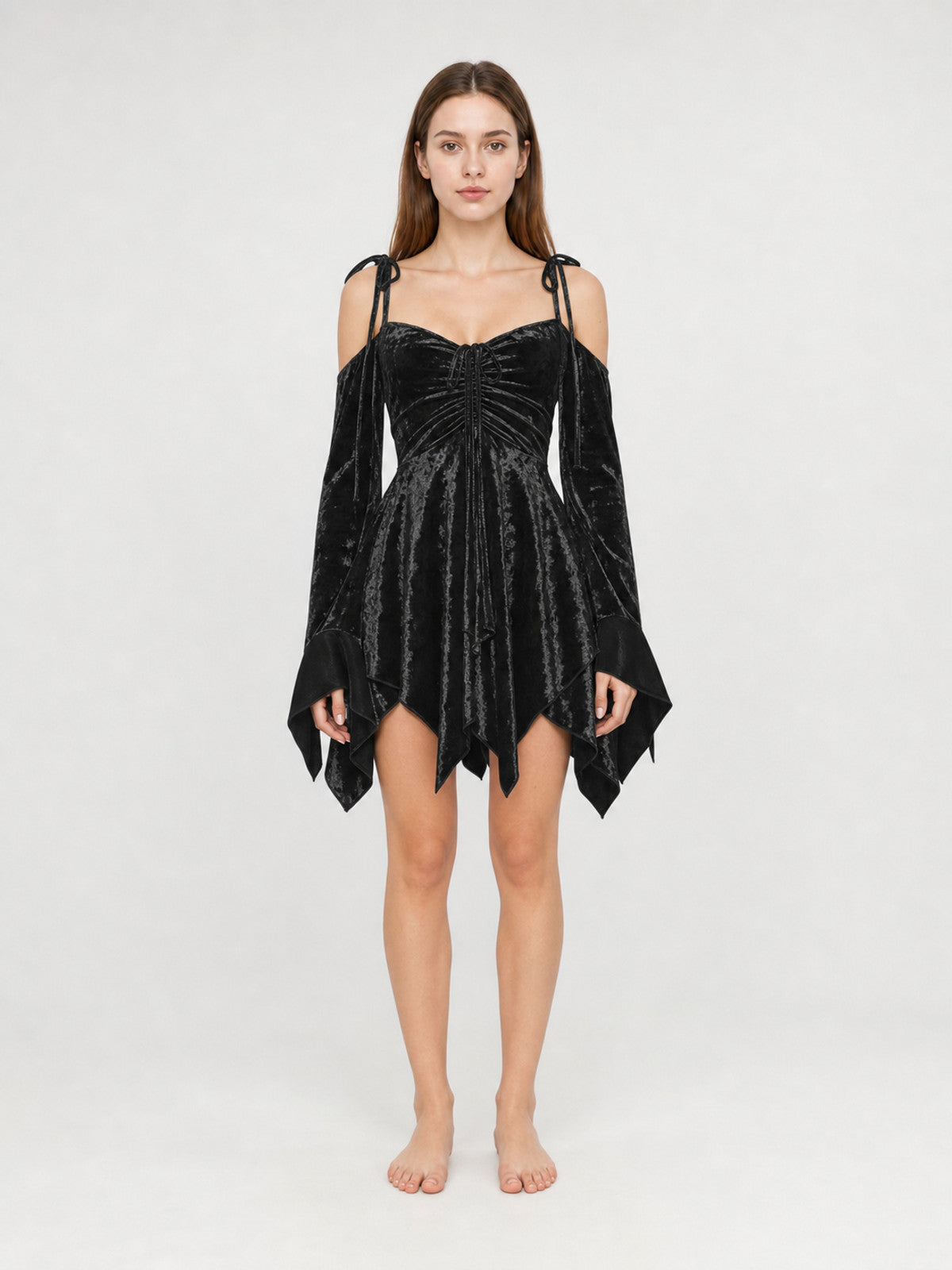 Black Mini Dress with Asymmetrical Handkerchief Hem and Sleeves