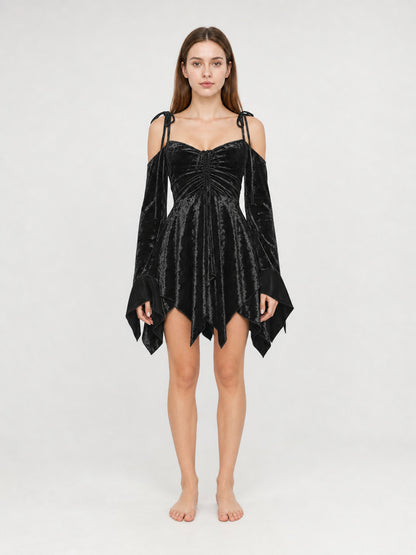 Black Mini Dress with Asymmetrical Handkerchief Hem and Sleeves