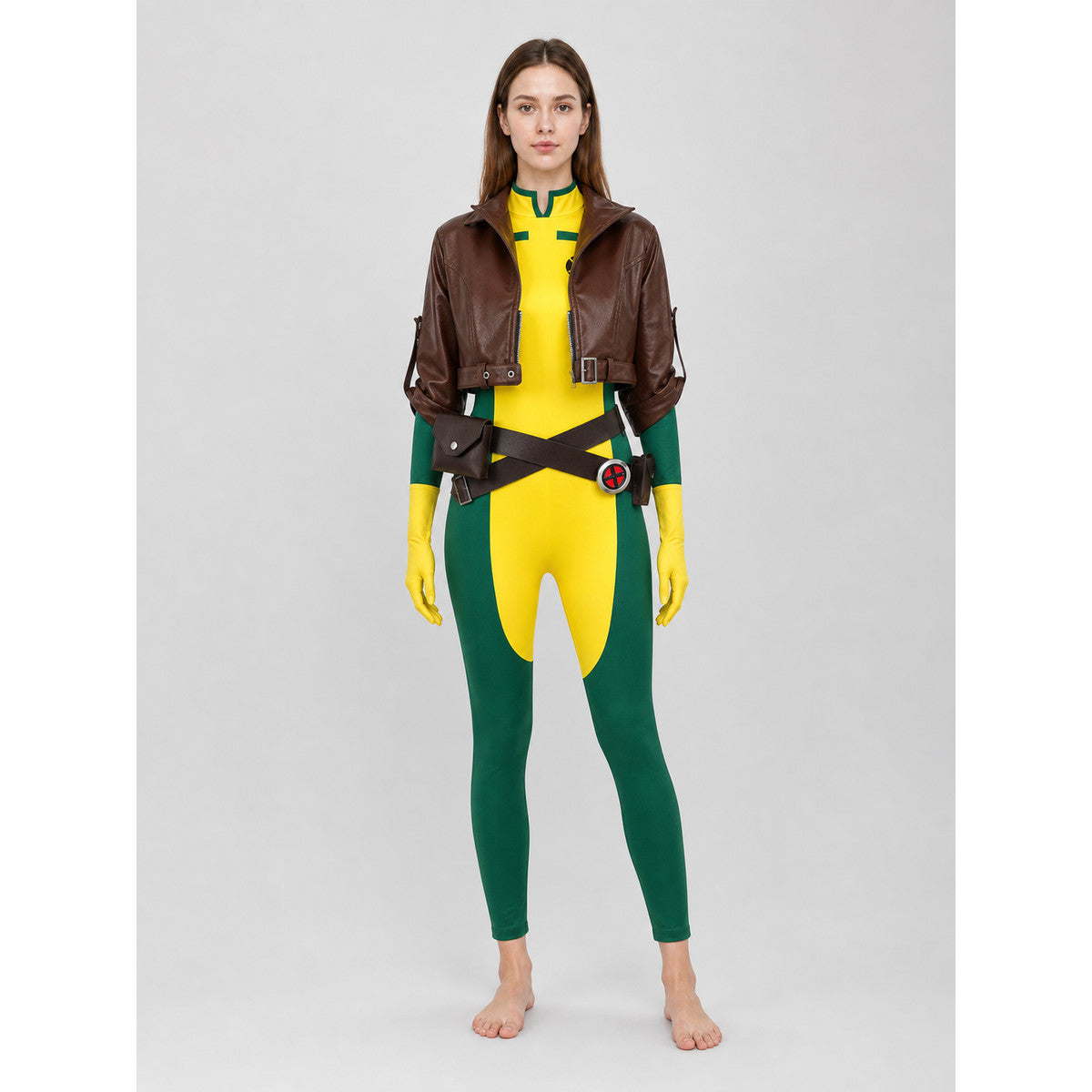 X-Men character cosplay set in a rich color combination of brown, red, green, yellow, and black. The set includes a sleeveless yellow-and-green jumpsuit with symmetrical black decorative graphic elements on the chest, along with a cropped b