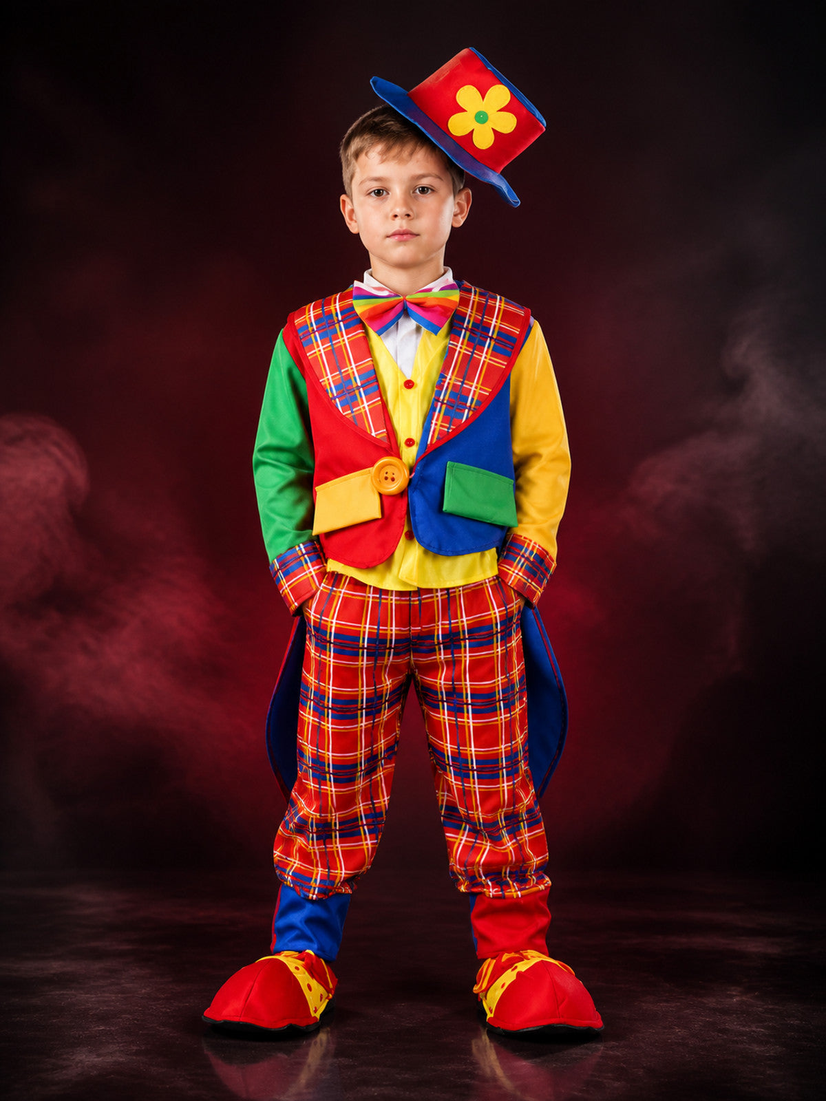 Kids Clown Circus Costume Set, Multicolor Shirt, Pants, Hat and Bow Tie main product view
