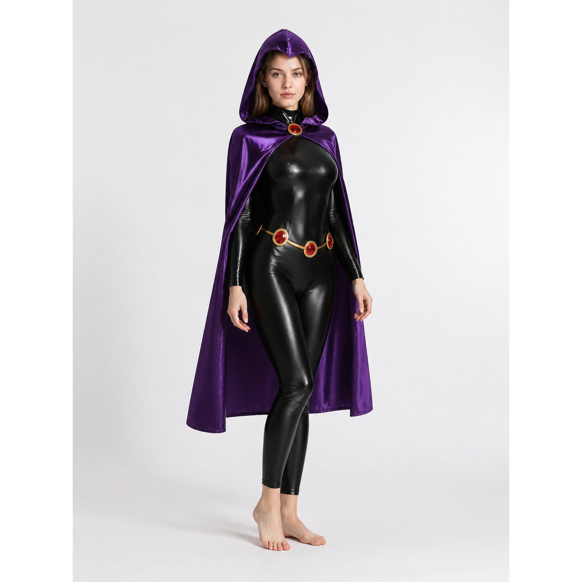 Raven Costume with Black Jumpsuit and Purple Cape Costume Capes detail