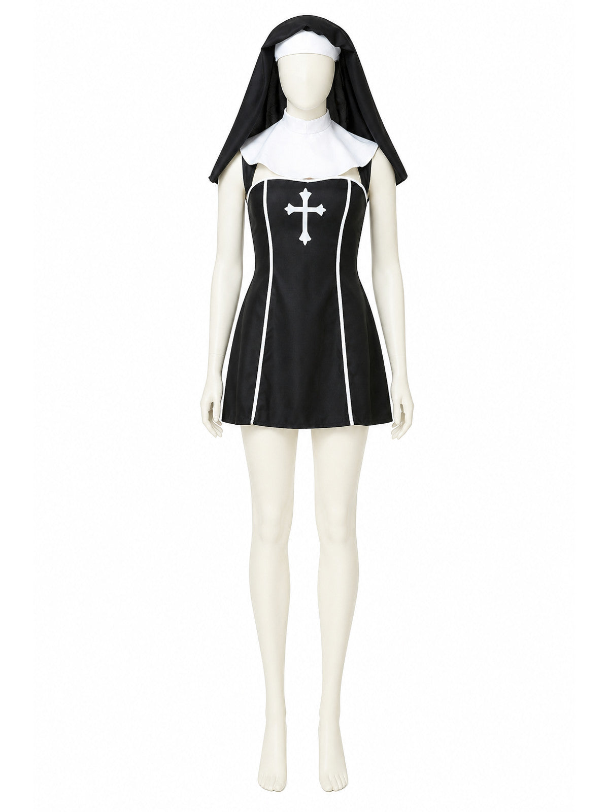 Nun costume with a cross and head covering for Halloween Costumes detail