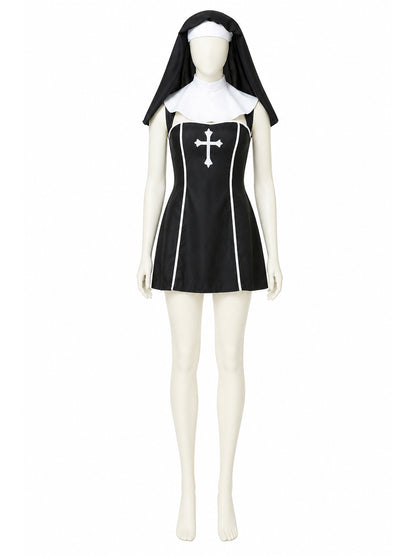 Nun costume with a cross and head covering for Halloween Costumes detail