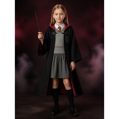 Kids Wizard Costume Set With Hooded Robe, Vest, Skirt And Wand main product view