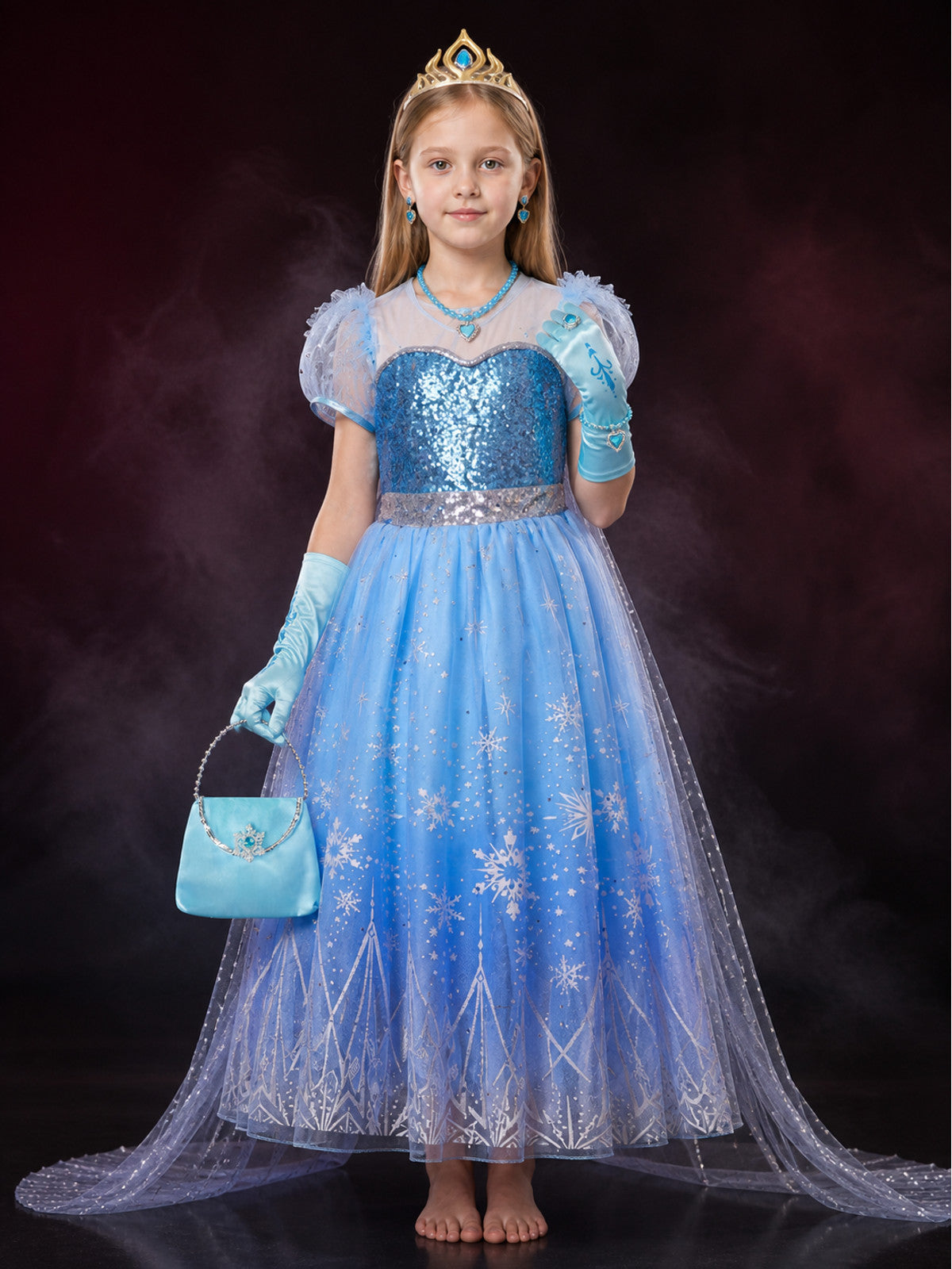 Kids Snow Queen Princess Halloween Costume Set with Sequined Blue Gown