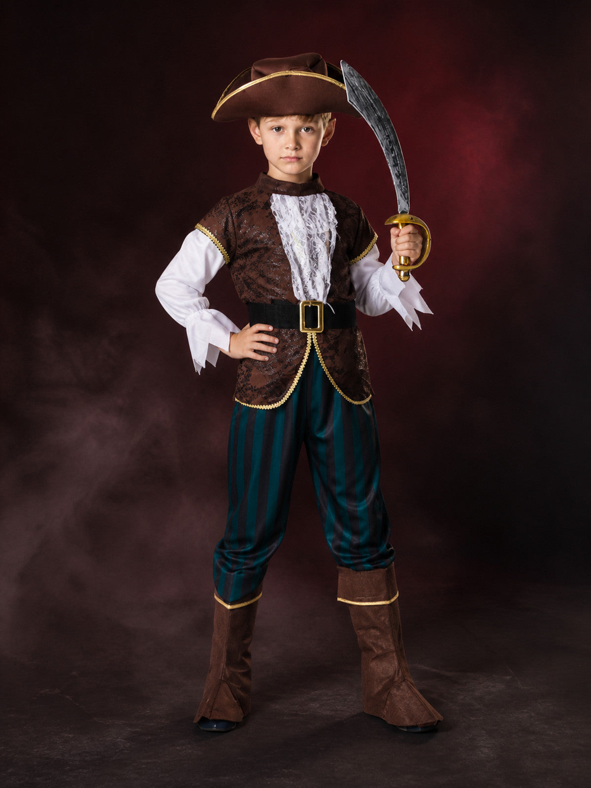Kids' Pirate Captain Costume Set, Gold Trimmed Vest, Striped Pants, Hat and Boot main product view