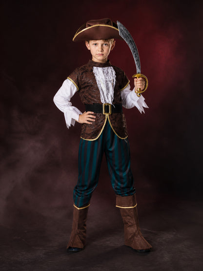 Kids' Pirate Captain Costume Set, Gold Trimmed Vest, Striped Pants, Hat and Boot main product view