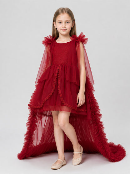 Burgundy Princess Dress with a Long Train and Bows Costume Dresses detail