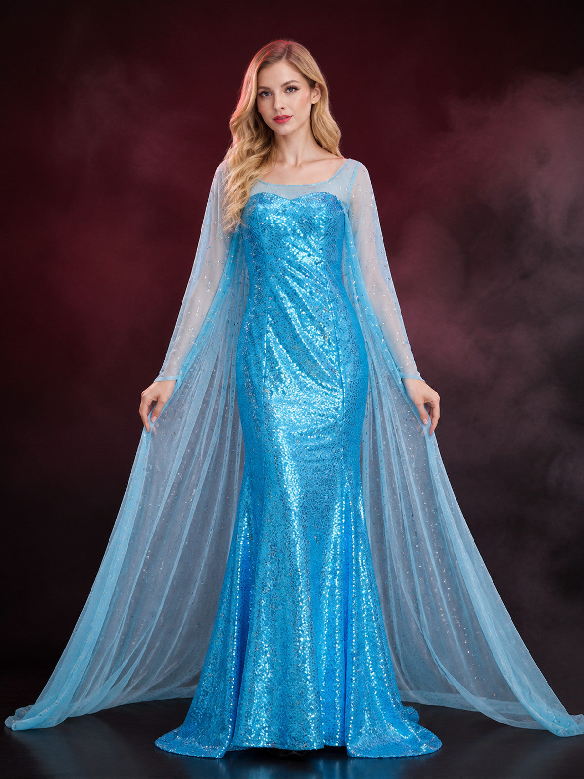 Women's Blue Sequined Princess Gown Halloween Costume with Flowing Side Panels main product view