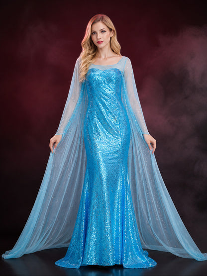 Women's Blue Sequined Princess Gown Halloween Costume with Flowing Side Panels main product view