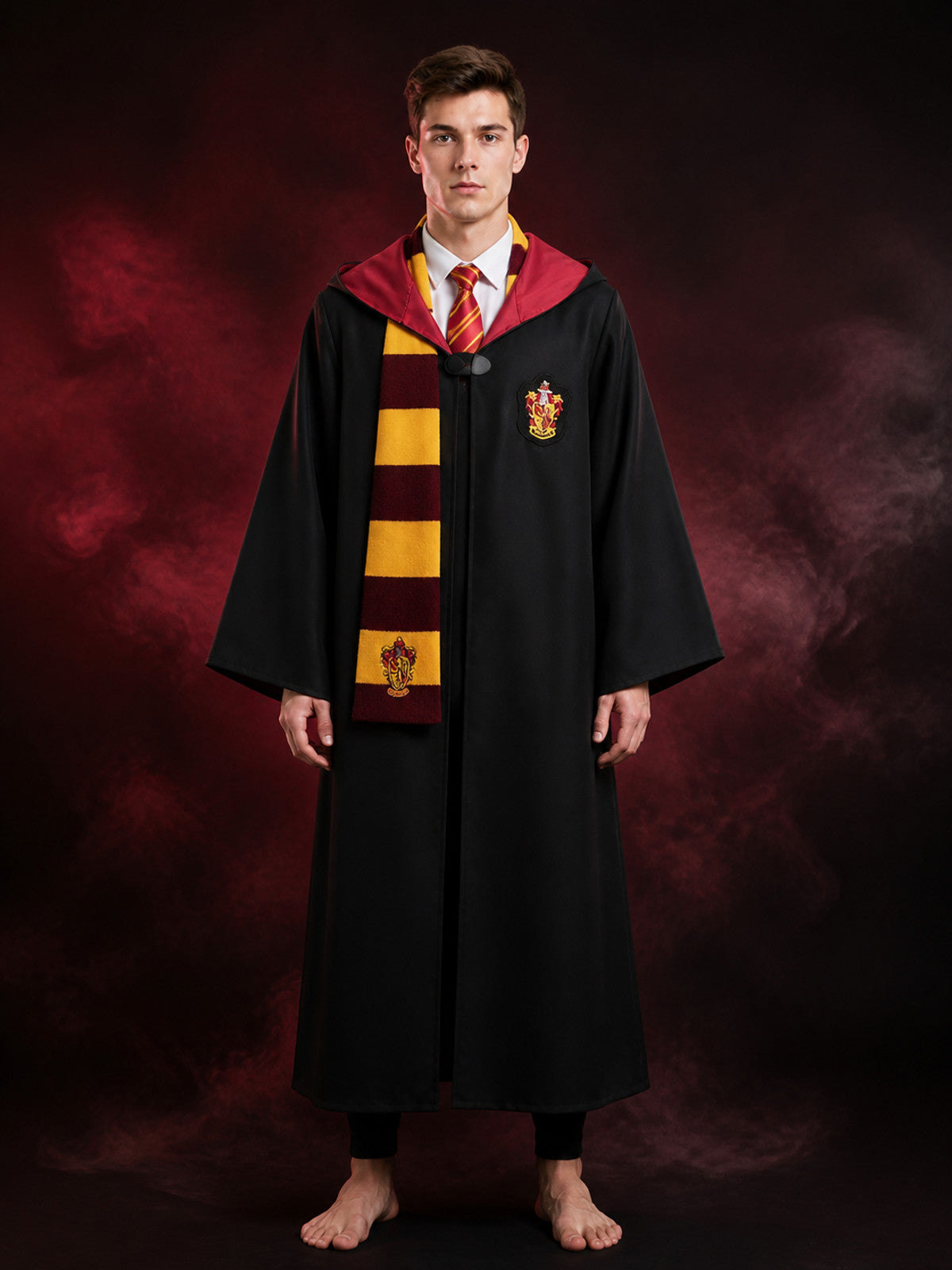 Wizard Costume Set, Long Hooded Robe with Tie and Scarf, Red and Gold Trim main product view