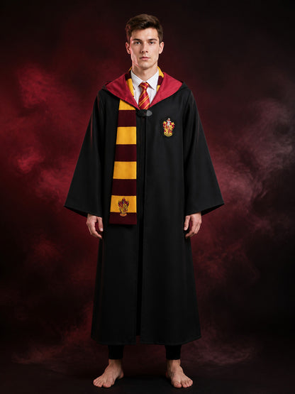 Wizard Costume Set, Long Hooded Robe with Tie and Scarf, Red and Gold Trim main product view