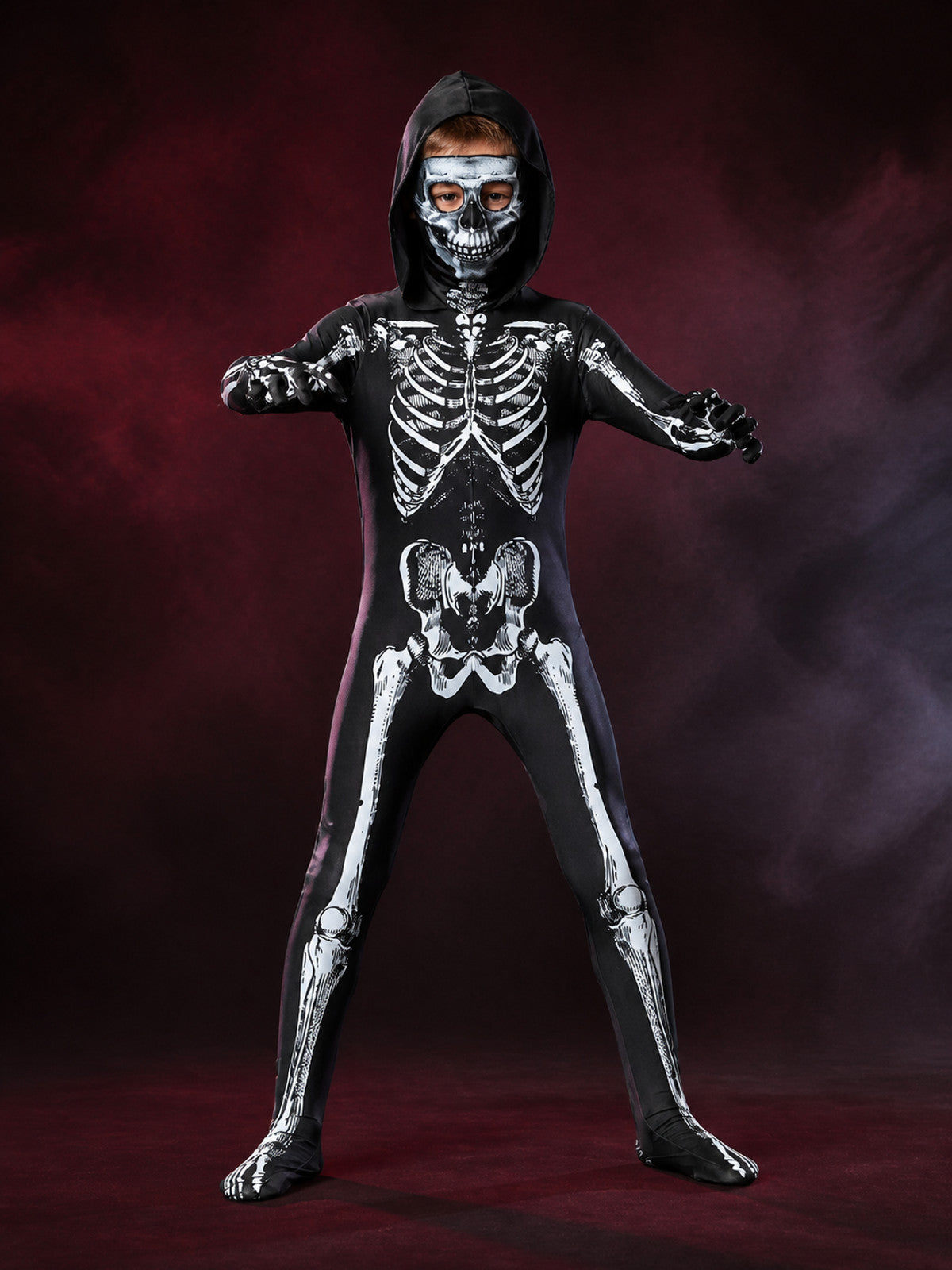 Kids Skeleton Hooded Bodysuit Costume, Black and White Bone Print Halloween