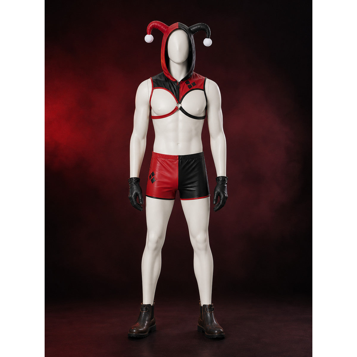 Men's Jester Circus Costume Set, Red Black Hooded Crop Top & Shorts with Gloves main product view
