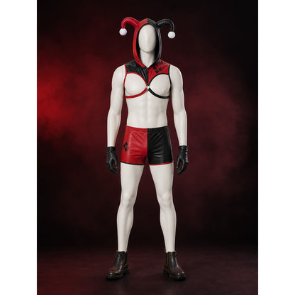 Men's Jester Circus Costume Set, Red Black Hooded Crop Top & Shorts with Gloves main product view