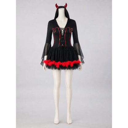The magic of the look is revealed in the details of this costume: a black dress-style base is complemented by red accents and contrasting elements. The front features crisscross lacing and red trim that emphasizes the garment’s construction