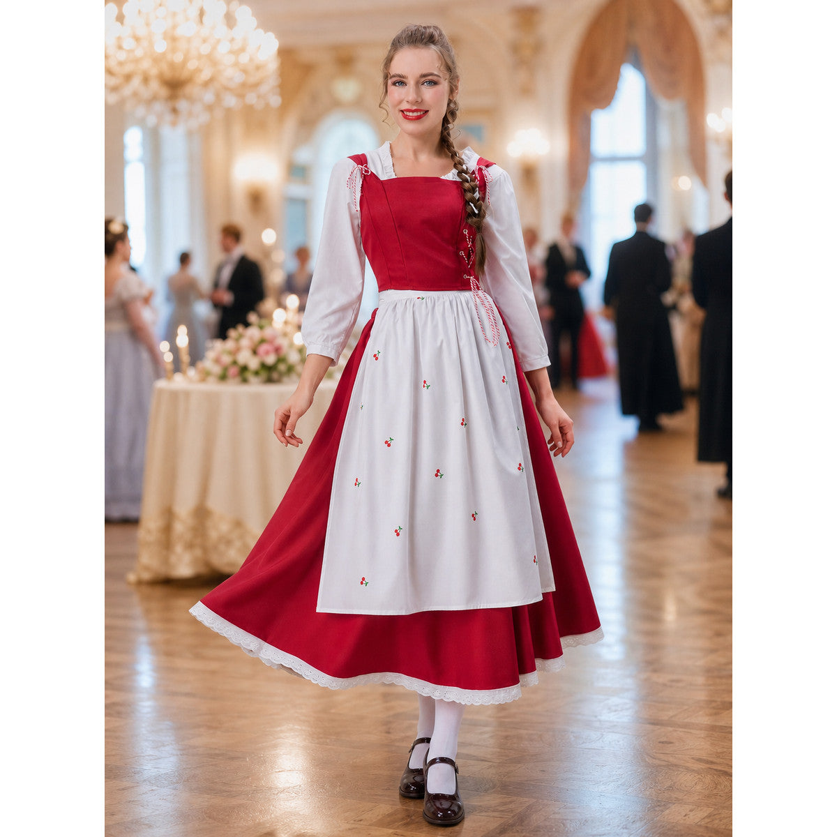 Dress with Apron and Cherry Print, Long Sleeves lifestyle view