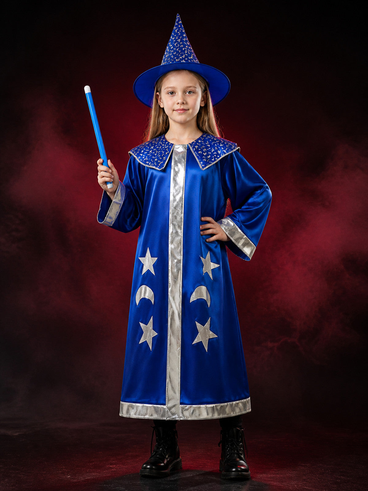 Wizard Costume Set with Blue Cape and Pointed Hat, Star and Moon Silver Trim for main product view