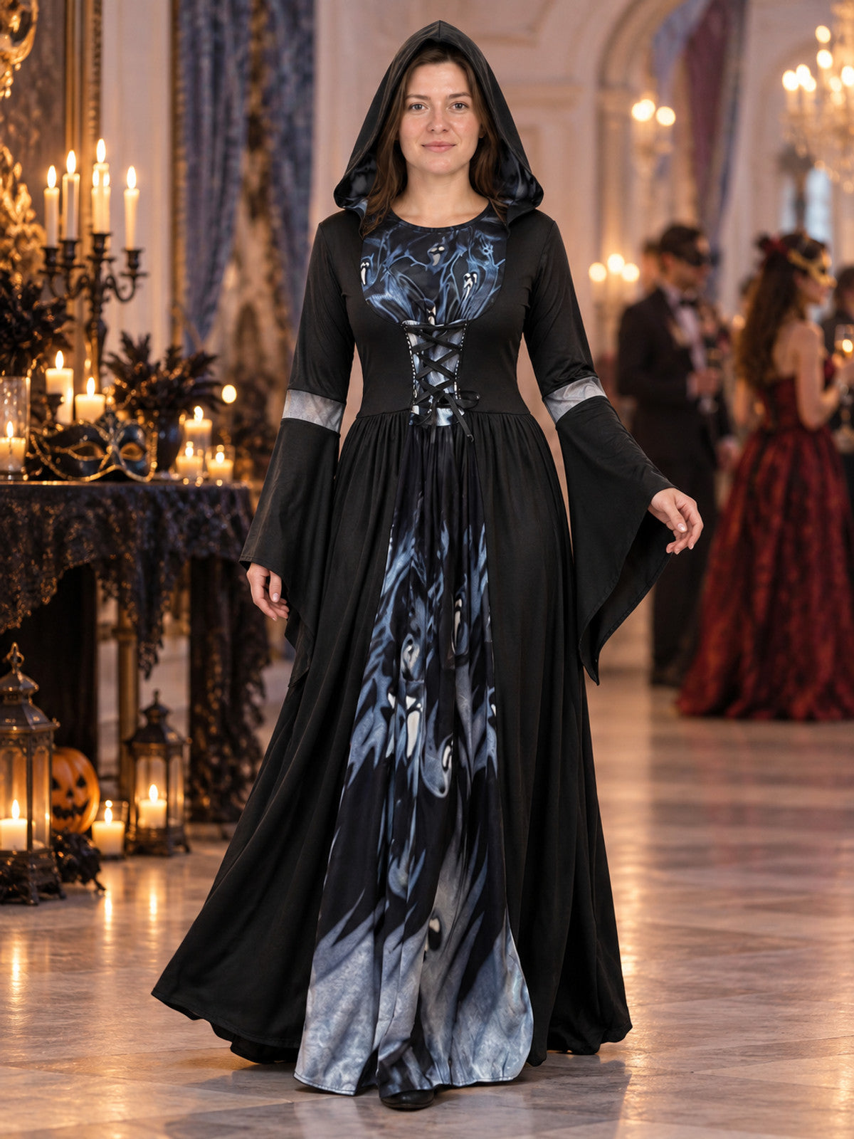 Long Black Hooded Carnival Dress with Lacing