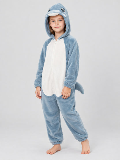 Blue Fleece Pajama One-Piece with Dolphin Hood