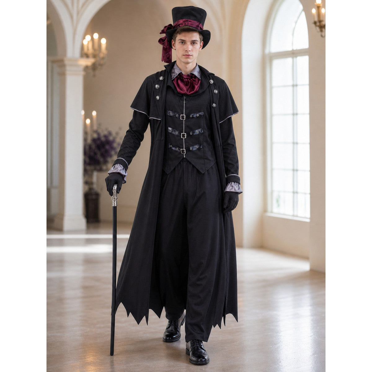 Gothic Vampire Costume with Cape and Top Hat lifestyle